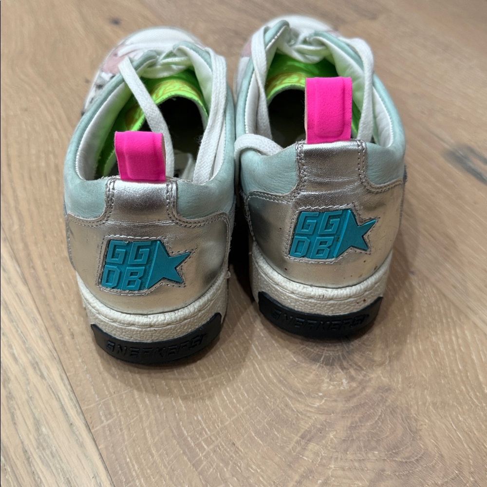 Pre loved authentic Golden Goose Low-Top Sneakers in Pink, Mint & Neon Green - Picture 3 of 5